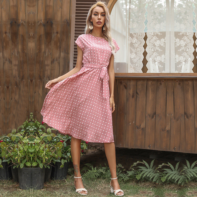 Abito midi da donna Victoria - Elegante abito a pois con maniche corte per l'estate e l'uso quotidiano