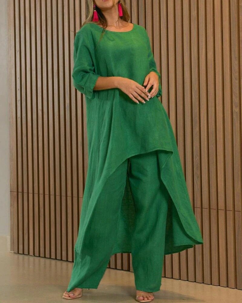 Completo tunica da donna Rachel: elegante completo in due pezzi con tunica ariosa e pantaloni aderenti