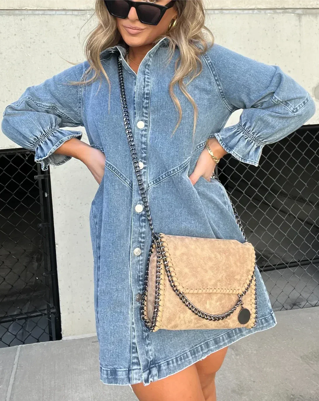 Abito in denim da donna Namy - Abito chemisier con colletto, maniche a 3/4 e taglio svasato
