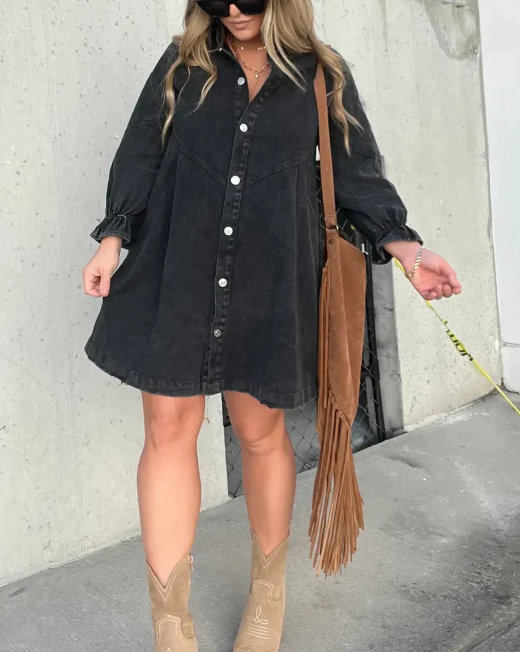 Abito in denim da donna Namy - Abito chemisier con colletto, maniche a 3/4 e taglio svasato