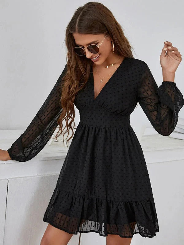 Abito a pois da donna Christy - Abito leggero aderente e svasato con maniche lunghe e motivo casual