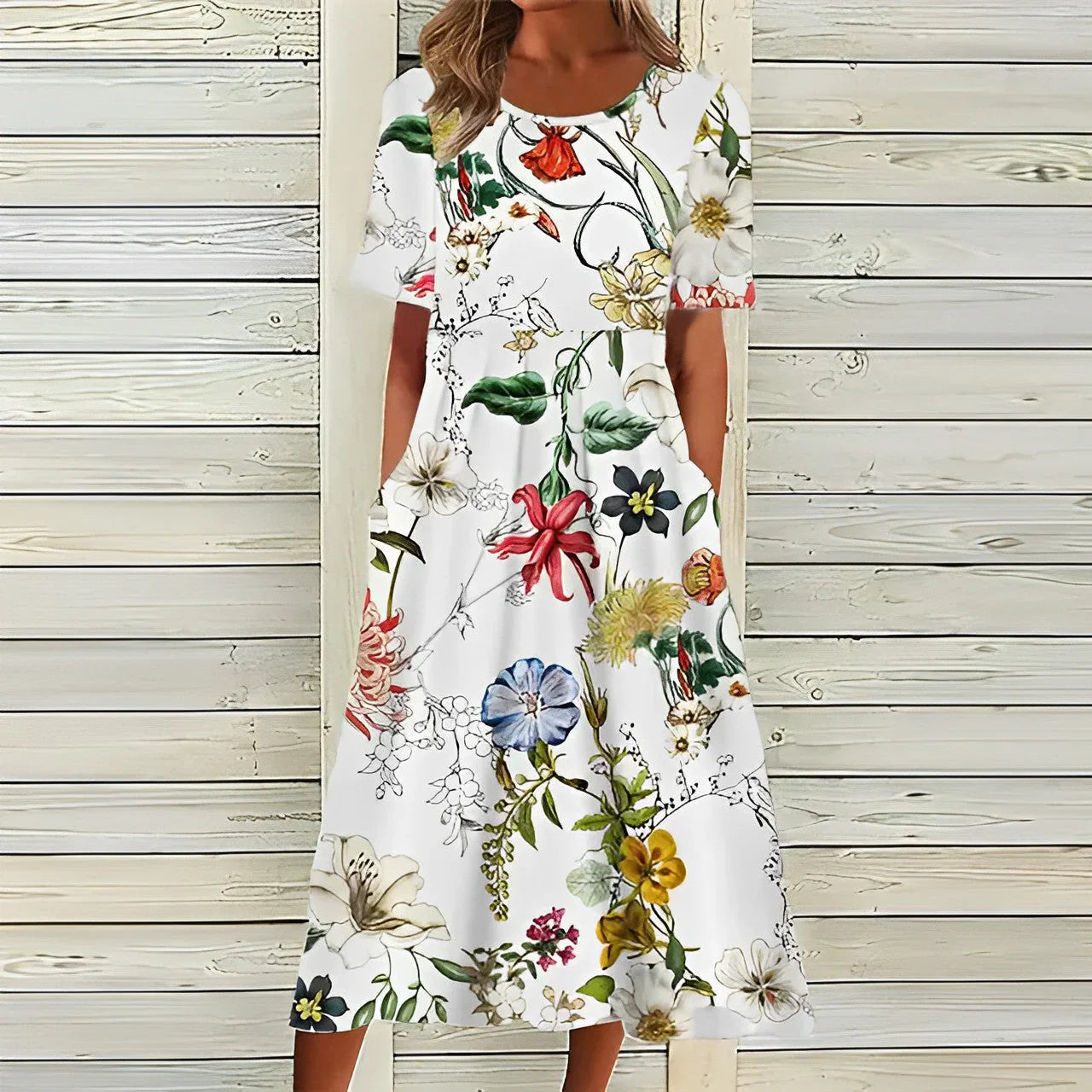 Liva Robe Midi Femme – Robe Blanche à Motif Fleuri avec Tissu Aéré & Coupe Ample Confortable