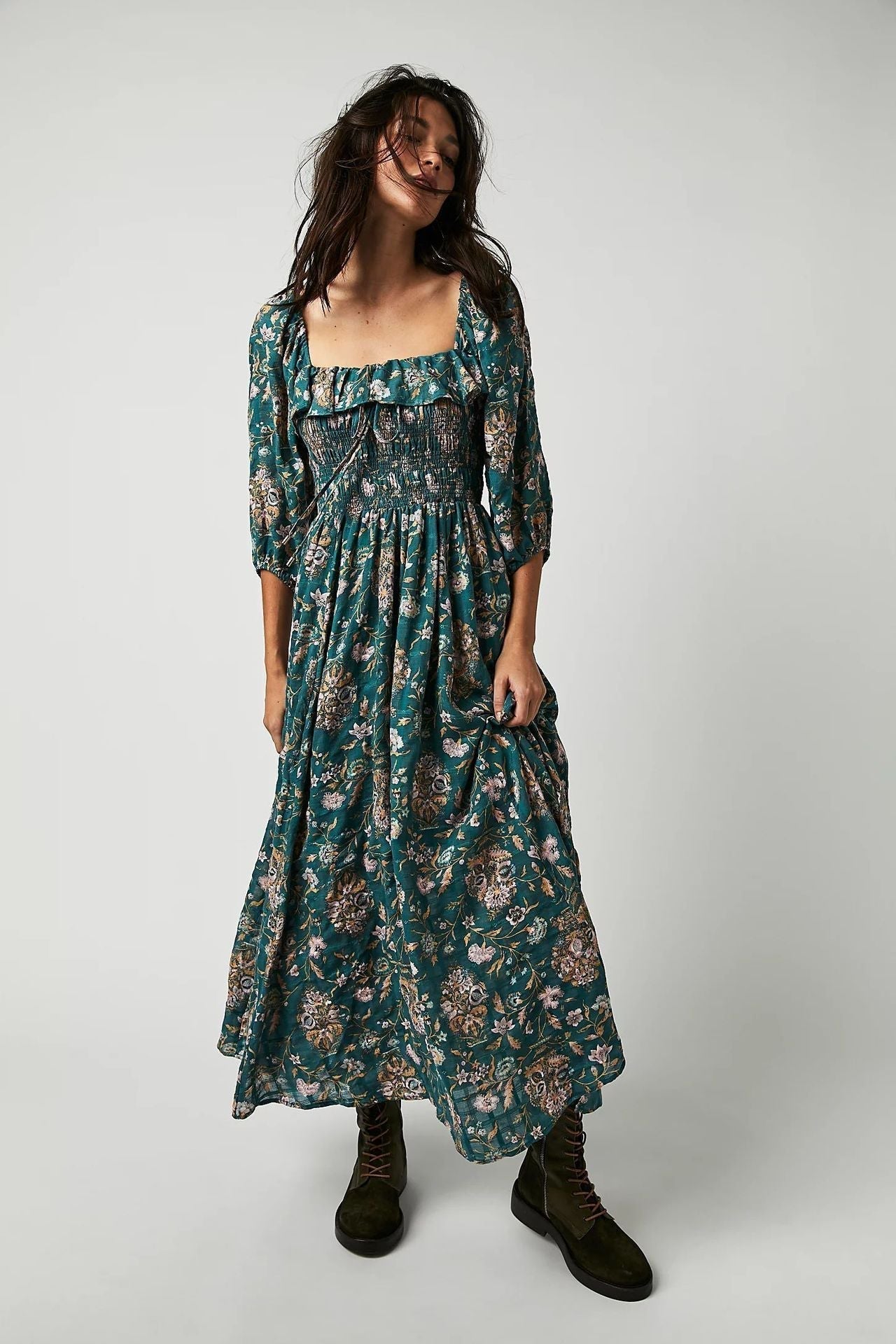 Abito midi da donna Quinn – Abito in cotone floreale con romantico stile bohémien e vestibilità aderente
