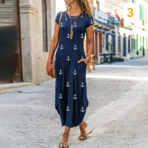 Abito lungo da donna Caroline – Cotone e lino, taglio fluido e motivo senza tempo