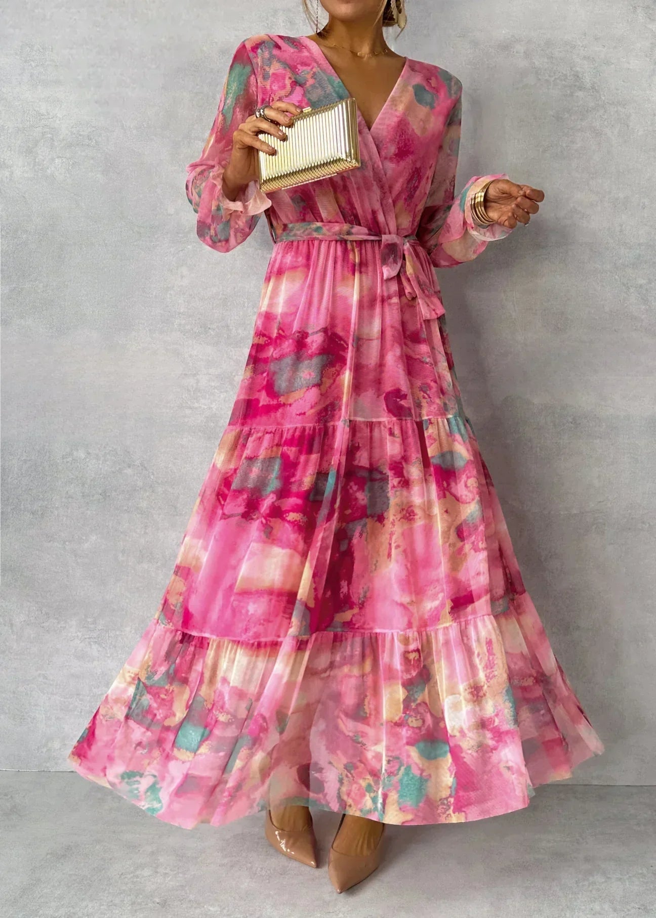 Abito lungo da donna Kate - Elegante abito floreale rosa con maniche lunghe e vestibilità fluida