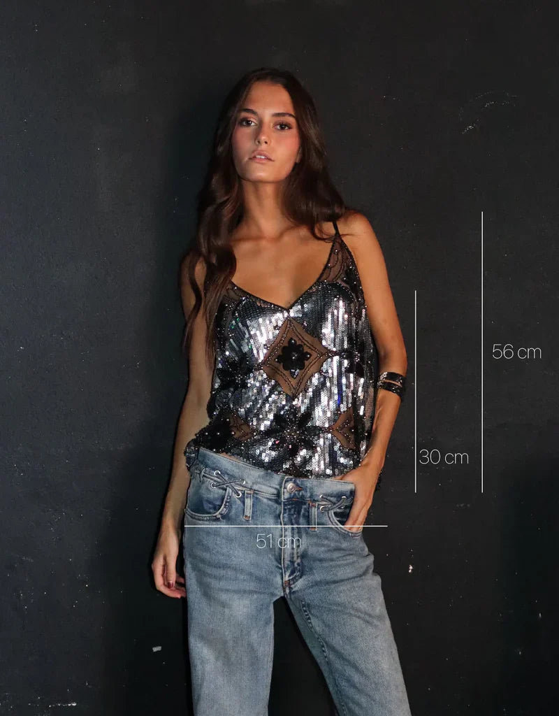Top da donna Diana - Elegante motivo floreale semitrasparente con paillettes e scollo a V