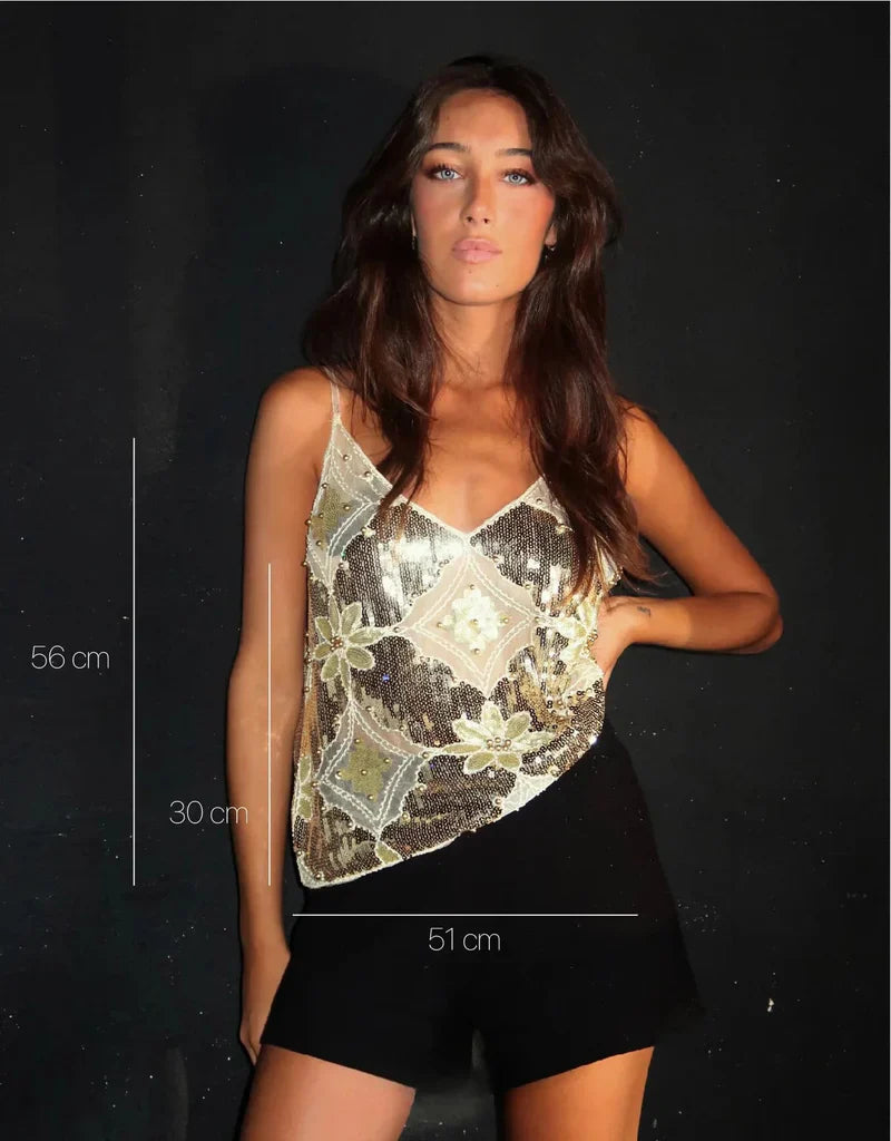 Top da donna Diana - Elegante motivo floreale semitrasparente con paillettes e scollo a V