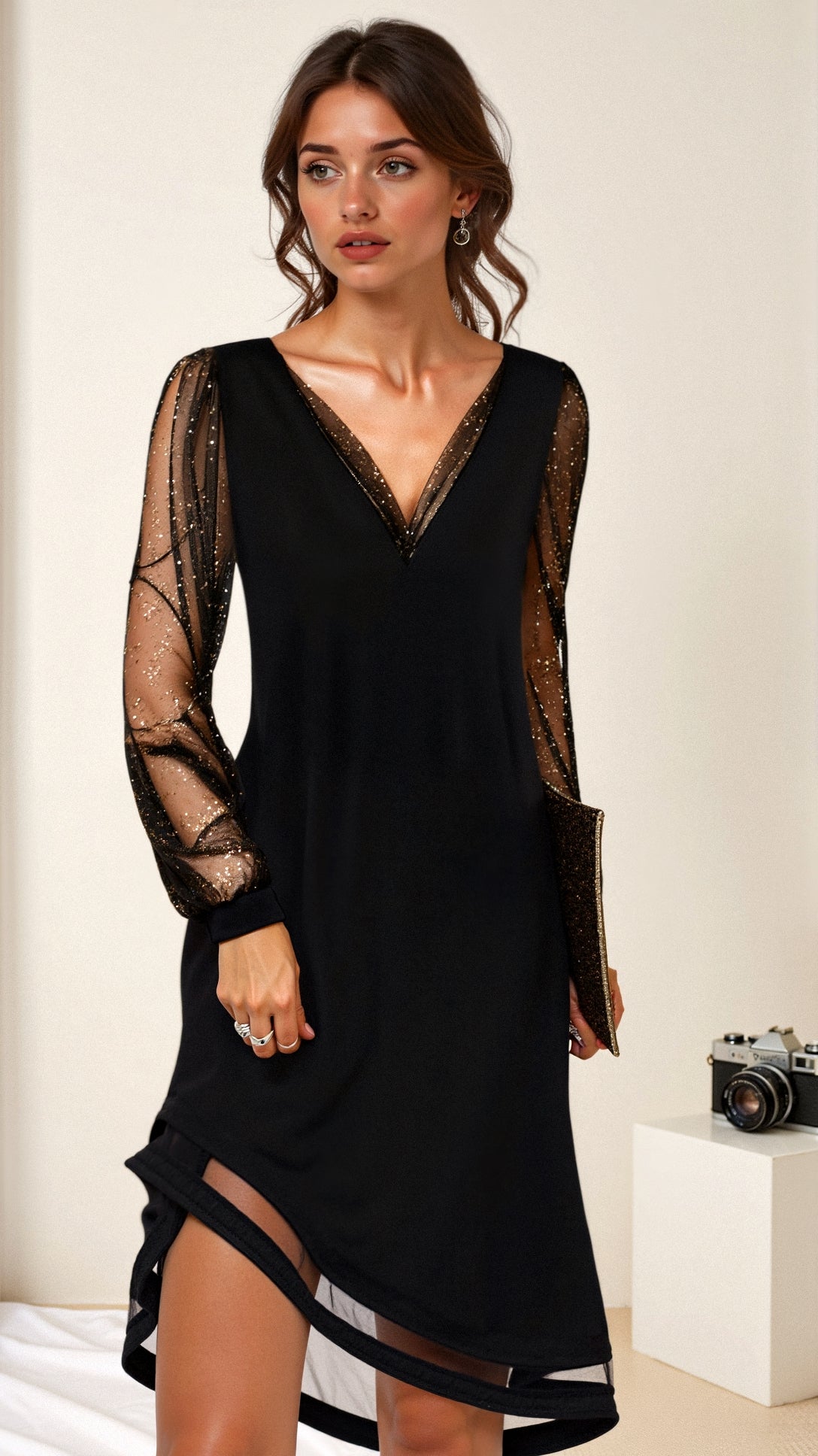 Abito da sera da donna Lia – Abito lungo glamour con tessuto di paillettes e taglio elegante