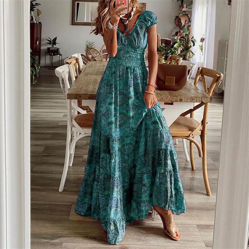 Abito lungo da donna Lilliana - Abito lungo floreale con gonna arricciata ed elegante stile bohémien