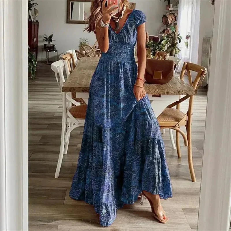 Abito lungo da donna Lilliana - Abito lungo floreale con gonna arricciata ed elegante stile bohémien