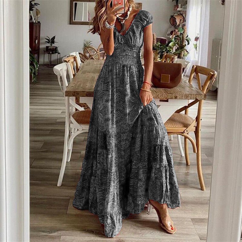 Abito lungo da donna Lilliana - Abito lungo floreale con gonna arricciata ed elegante stile bohémien