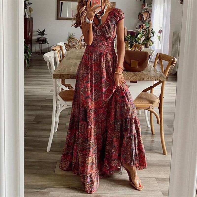 Abito lungo da donna Lilliana - Abito lungo floreale con gonna arricciata ed elegante stile bohémien