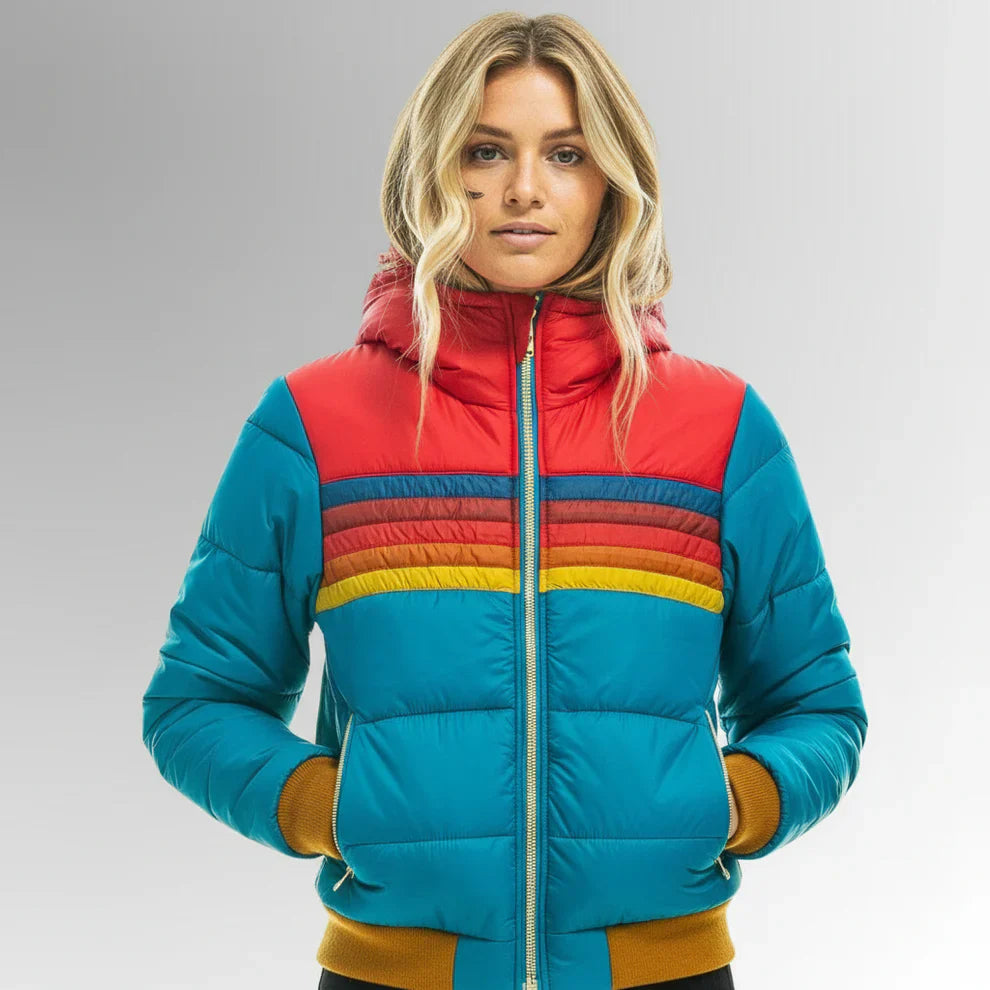 Scarlett Doudoune Femme Rétro – Manteau d’Hiver Multicolore avec Capuche et Fermeture Éclair
