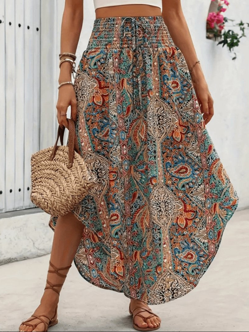 Serenity Jupe Maxi Femme – Jupe Longue Bohème à Coupe Évasée avec Imprimé Nomade