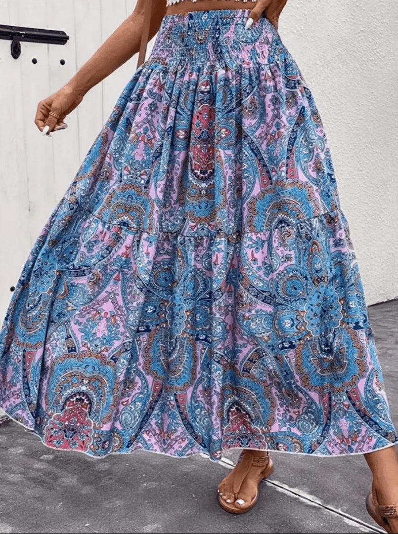 Serenity Jupe Maxi Femme – Jupe Longue Bohème à Coupe Évasée avec Imprimé Nomade