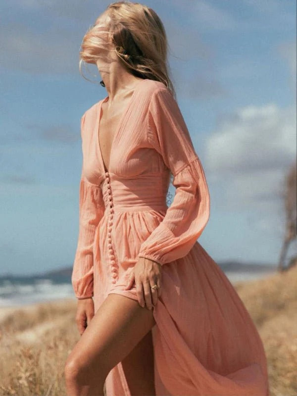 Abito lungo da donna Leslie - Elegante abito incrociato con scollo a V, vita arricciata e spacco laterale chic