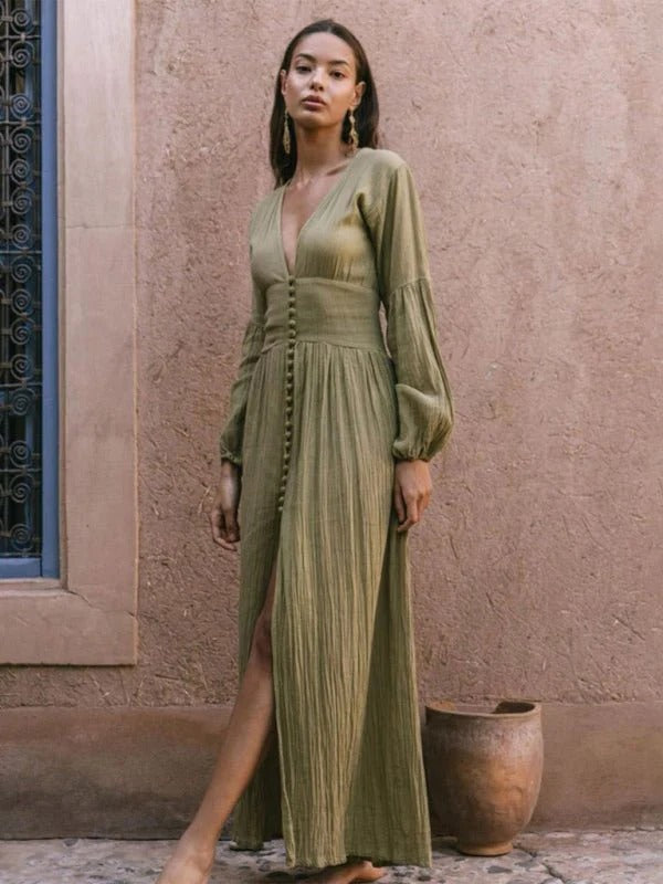 Abito lungo da donna Leslie - Elegante abito incrociato con scollo a V, vita arricciata e spacco laterale chic