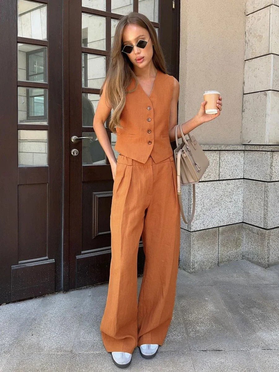 Completo in lino da donna Freya - Coordinato estivo con gilet senza maniche e pantaloni a gamba larga in stile naturale