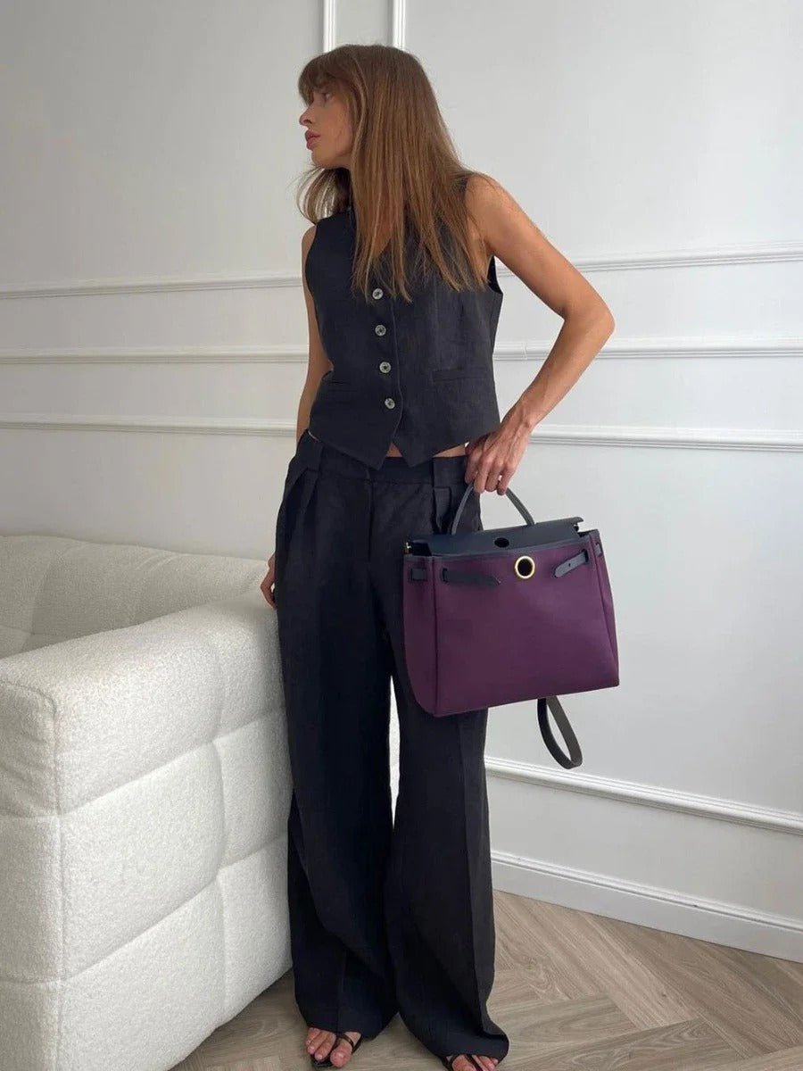 Completo in lino da donna Freya - Coordinato estivo con gilet senza maniche e pantaloni a gamba larga in stile naturale
