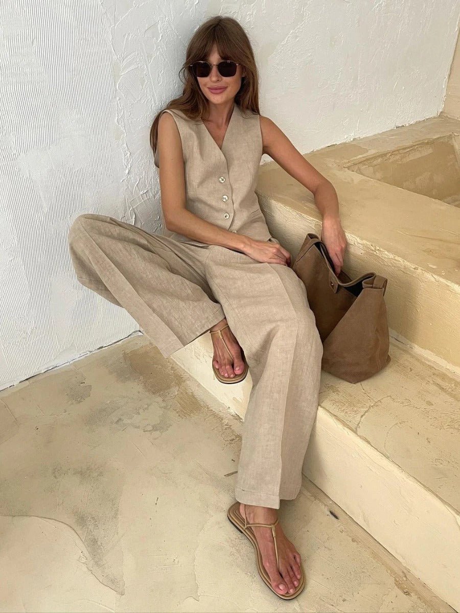 Completo in lino da donna Freya - Coordinato estivo con gilet senza maniche e pantaloni a gamba larga in stile naturale