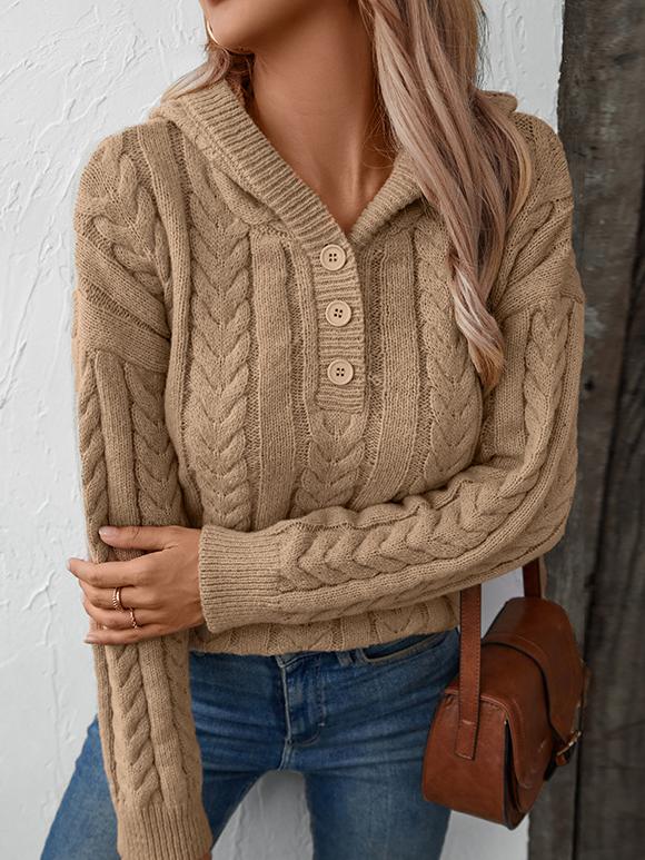 Fatima Pull Femme – Pull Tricoté Vintage à Capuche & Col Boutonné Douillet pour Automne/Hiver