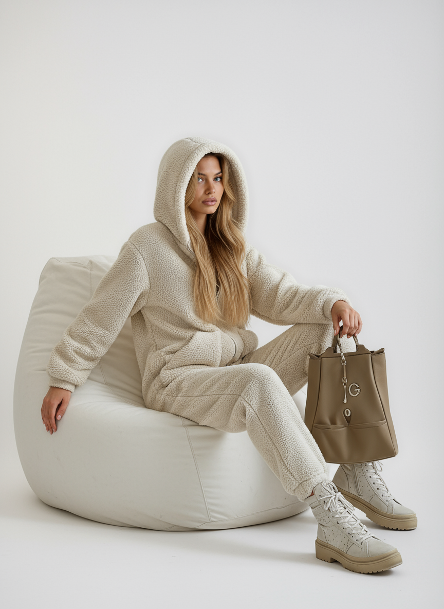 Madelyn Ensemble Loungewear Femme en Polaire Teddy – Ultra-Doux, Coupe Décontractée avec Design Douillet Beige