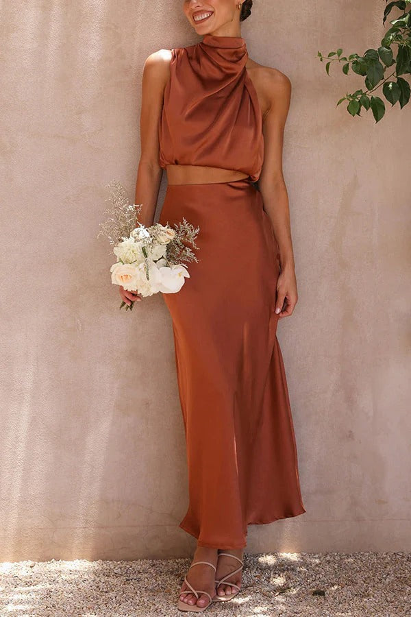 Completo da donna Yana - Top con scollo alto e schiena scoperta e gonna lunga e fluida per cerimonie