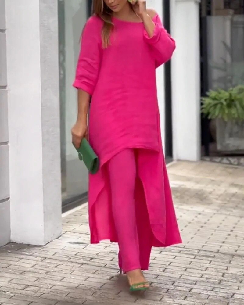Completo tunica da donna Rachel: elegante completo in due pezzi con tunica ariosa e pantaloni aderenti