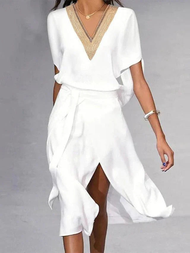 Abito midi da donna Isabella: elegante abito bianco con scollo a V e design minimalista senza tempo