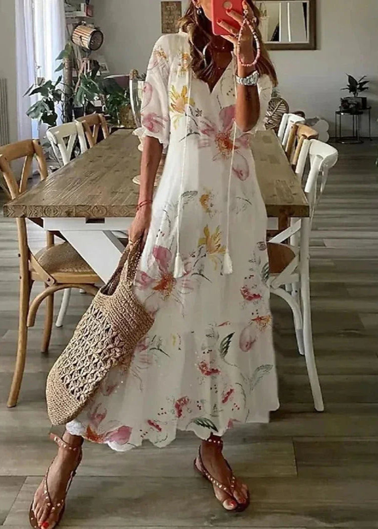 Abito estivo da donna Kasey - Abito lungo leggero con stampa floreale, cintura in vita e maniche di media lunghezza
