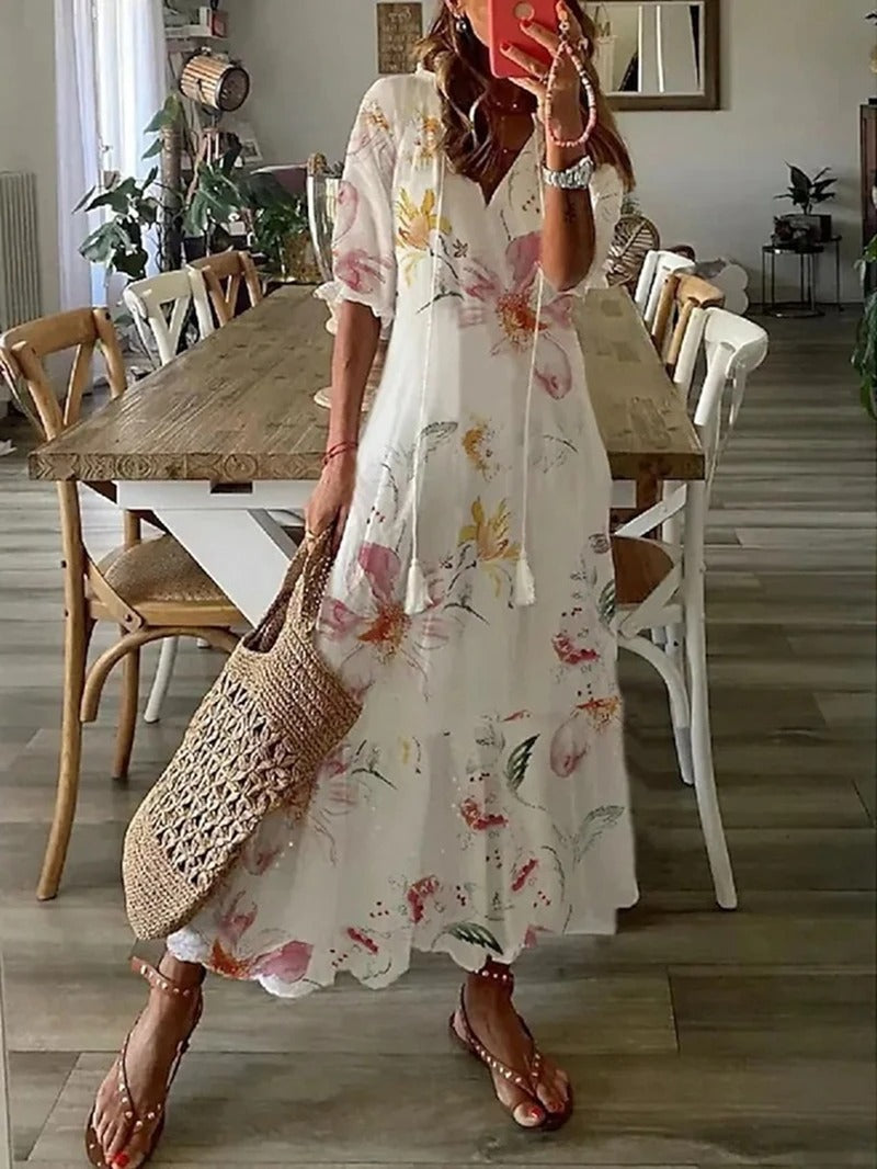 Abito lungo da donna Bettina - Abito estivo bohémien con coulisse in vita e vestibilità ariosa