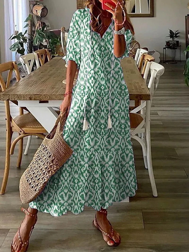 Abito lungo da donna Bettina - Abito estivo bohémien con coulisse in vita e vestibilità ariosa