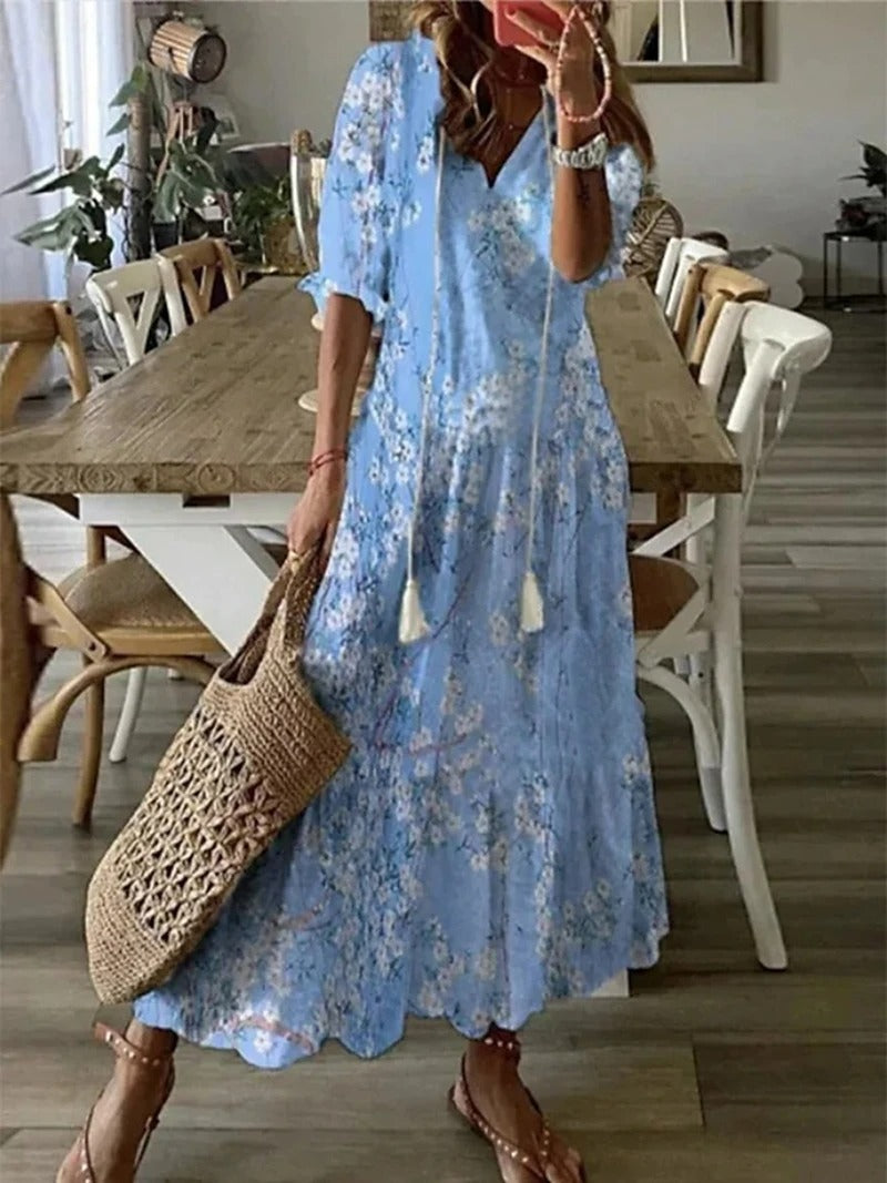 Abito lungo da donna Bettina - Abito estivo bohémien con coulisse in vita e vestibilità ariosa