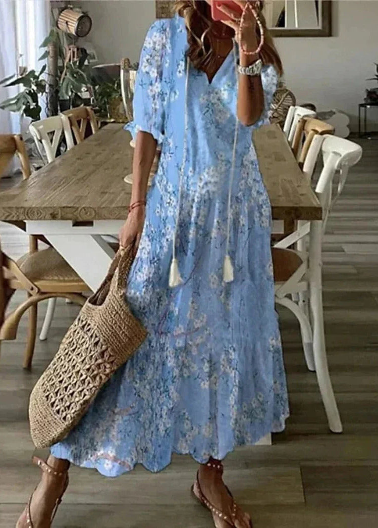 Abito estivo da donna Kasey - Abito lungo leggero con stampa floreale, cintura in vita e maniche di media lunghezza