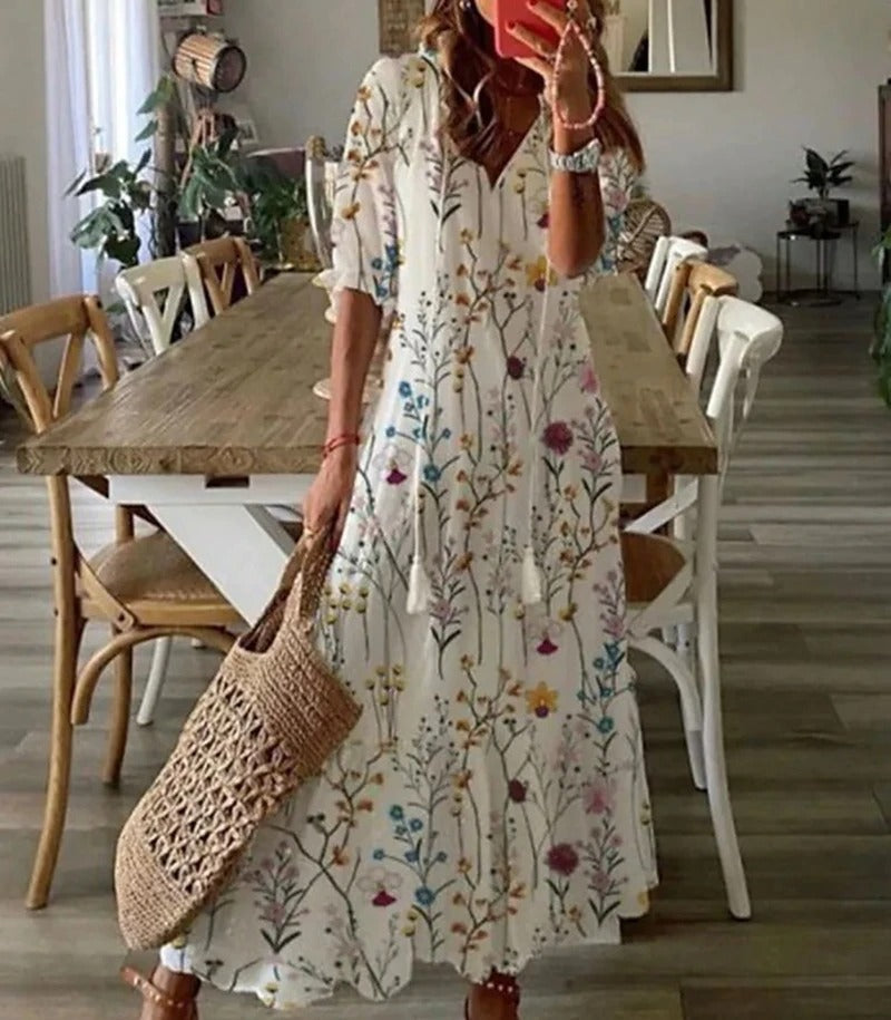 Abito lungo da donna Bettina - Abito estivo bohémien con coulisse in vita e vestibilità ariosa
