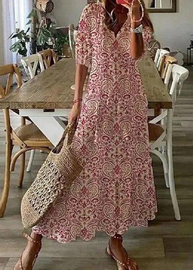 Abito estivo da donna Kasey - Abito lungo leggero con stampa floreale, cintura in vita e maniche di media lunghezza