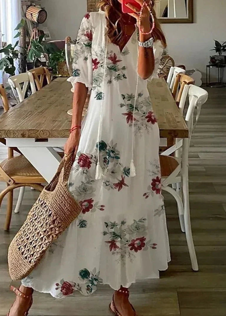 Abito estivo da donna Kasey - Abito lungo leggero con stampa floreale, cintura in vita e maniche di media lunghezza