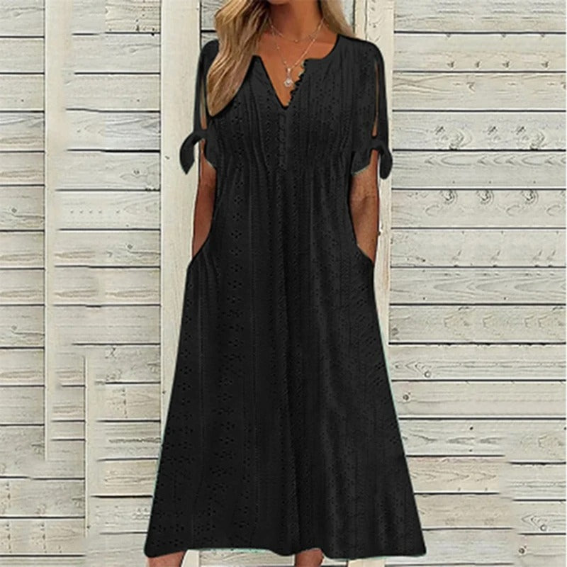 Abito midi estivo da donna Mariah - Elegante abito con scollo a V in leggero pizzo sangallo