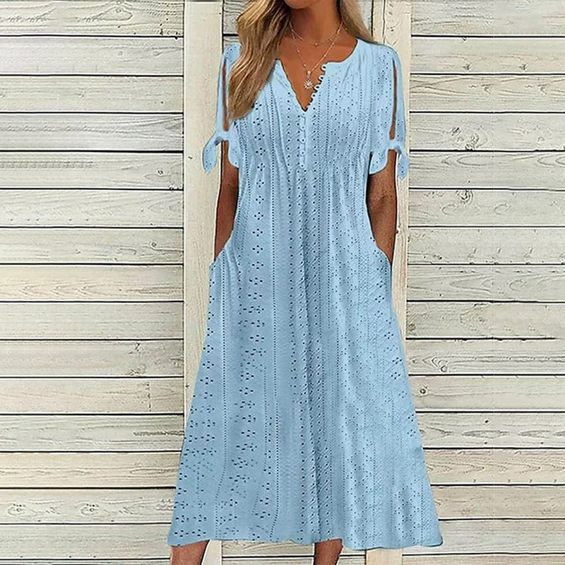 Abito midi estivo da donna Mariah - Elegante abito con scollo a V in leggero pizzo sangallo