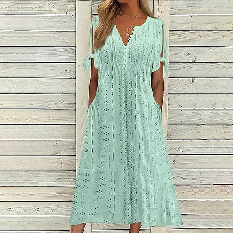 Abito midi estivo da donna Mariah - Elegante abito con scollo a V in leggero pizzo sangallo