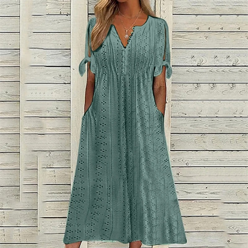 Abito midi estivo da donna Mariah - Elegante abito con scollo a V in leggero pizzo sangallo