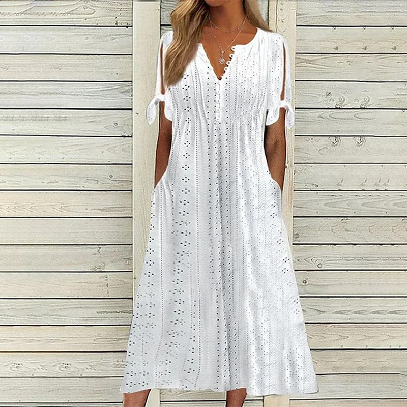 Abito midi estivo da donna Mariah - Elegante abito con scollo a V in leggero pizzo sangallo