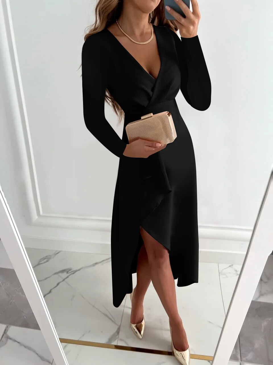 Abito elegante da donna Tessa - Abito lungo a maniche lunghe con scollo a V, vestibilità comoda ed elegante