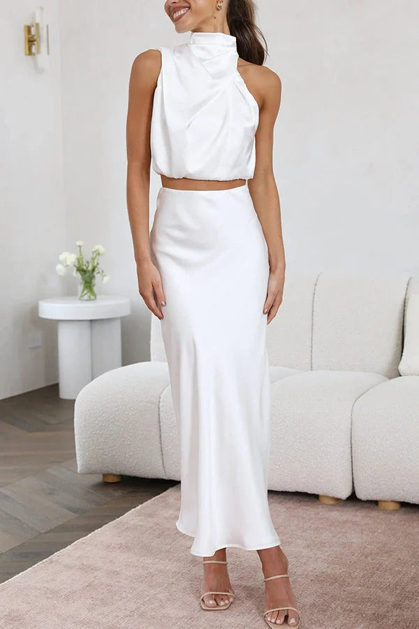 Completo da donna Yana - Top con scollo alto e schiena scoperta e gonna lunga e fluida per cerimonie