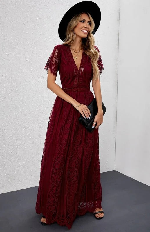 Abito lungo da donna Maine - Elegante abito da cerimonia in pizzo con chiusura a cerniera